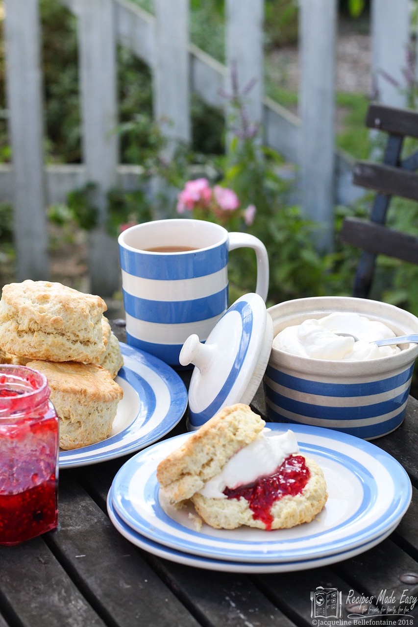 delicious looking scone on blue striped plate with raspberry jam and cream