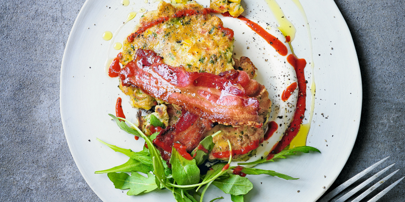 Sweetcorn pancakes with maple-coated bacon and chili crème fraîche